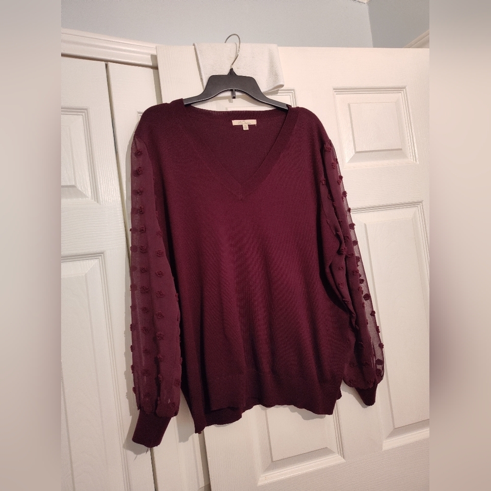 La Serin Wine Sheer Dot Sleeve V-Neck Sweater 2X Plus Size NWOT Holiday Top